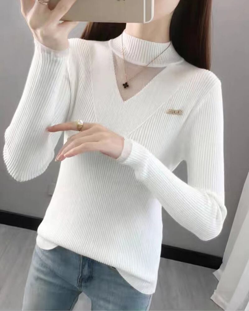 【tops】メッシュ切り替えニットハーフネックセーターG18037