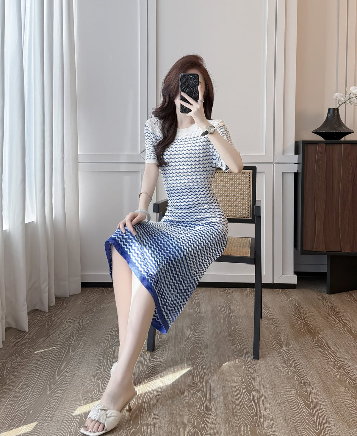 【dress】ウェーブ柄半袖ニットワンピース Q8489