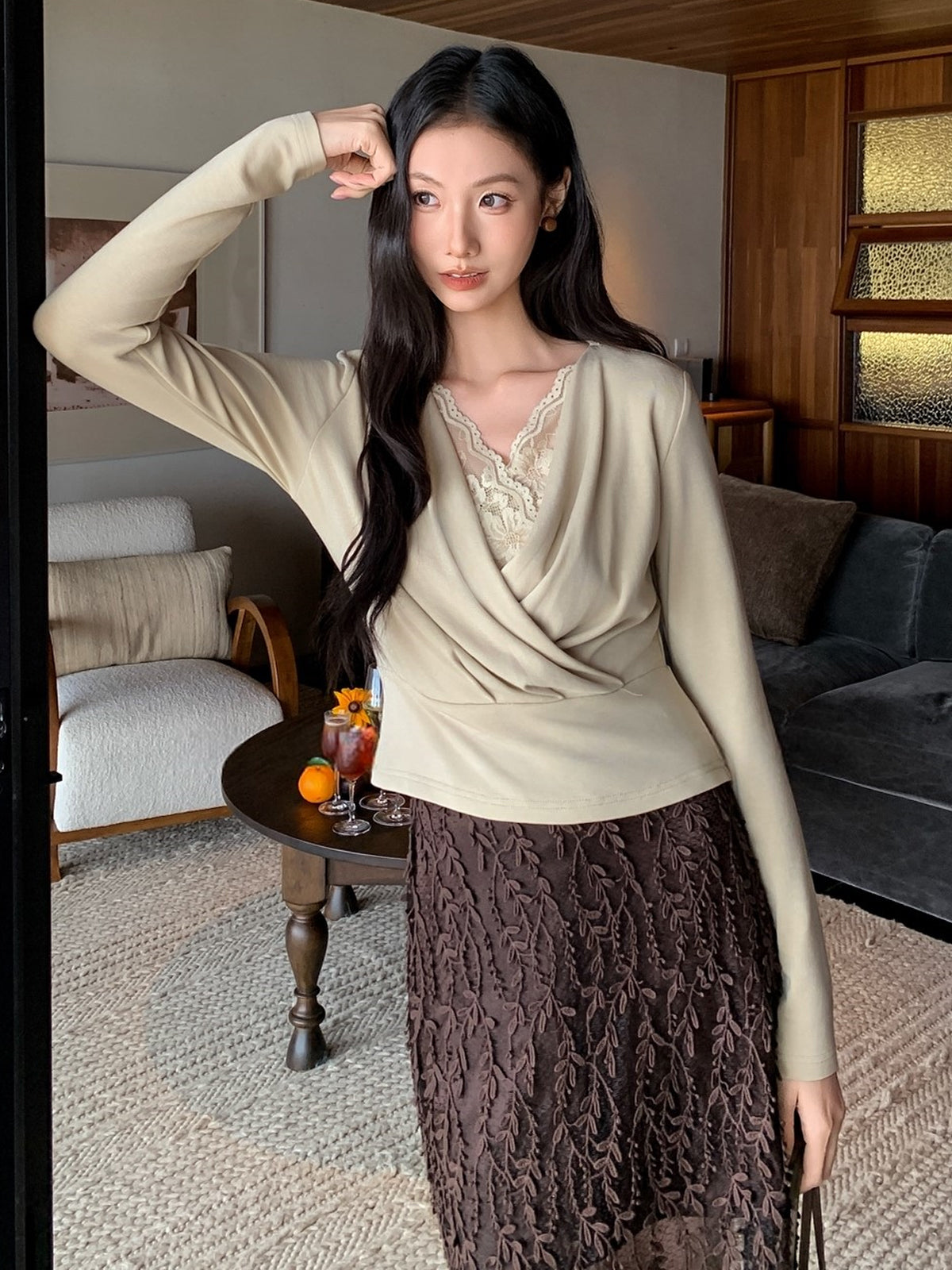 【tops】レースドッキングクロスネックトップス Q8923