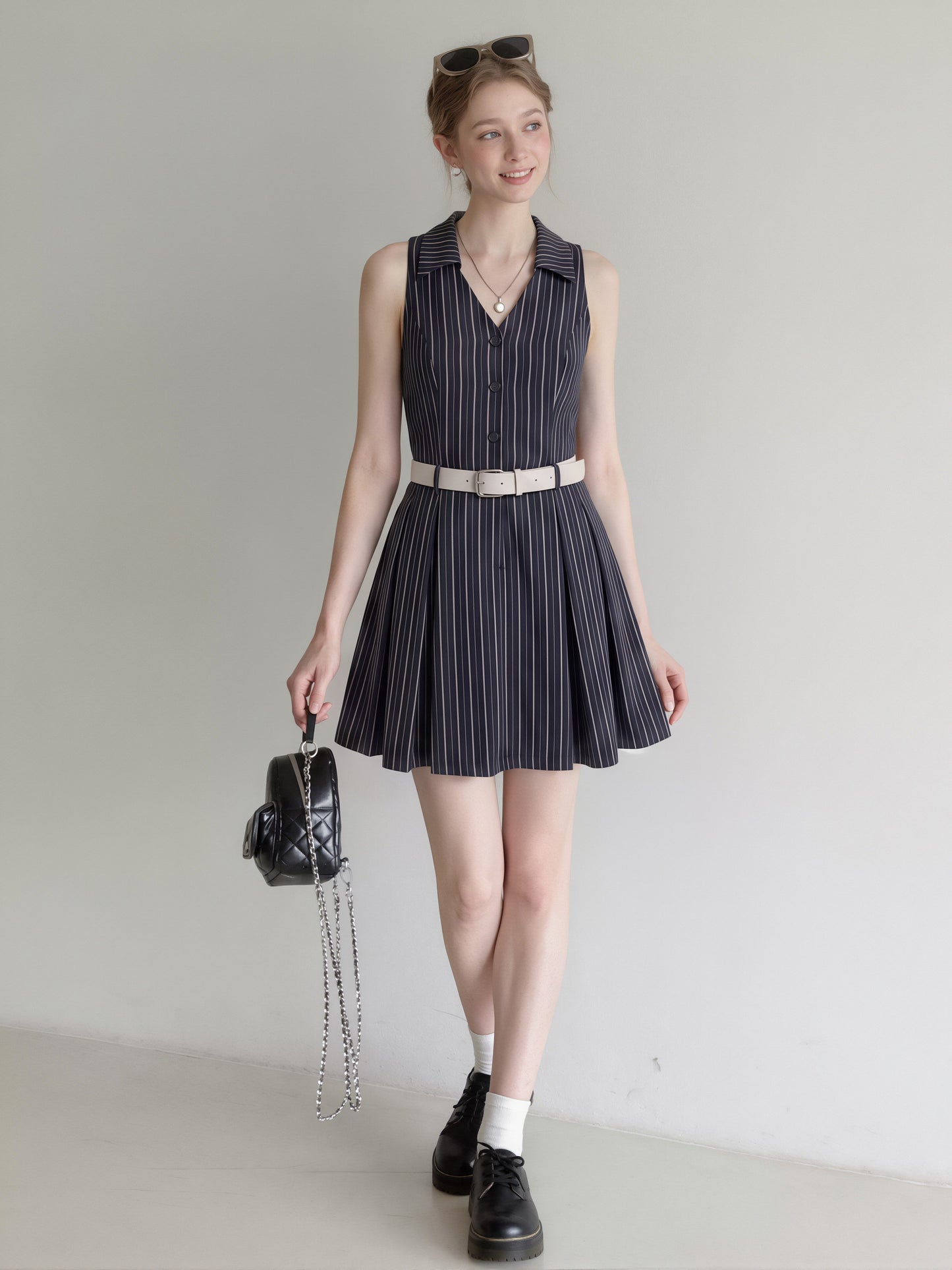 【dress】ノースリーブストライプ柄シャツワンピース Q8829