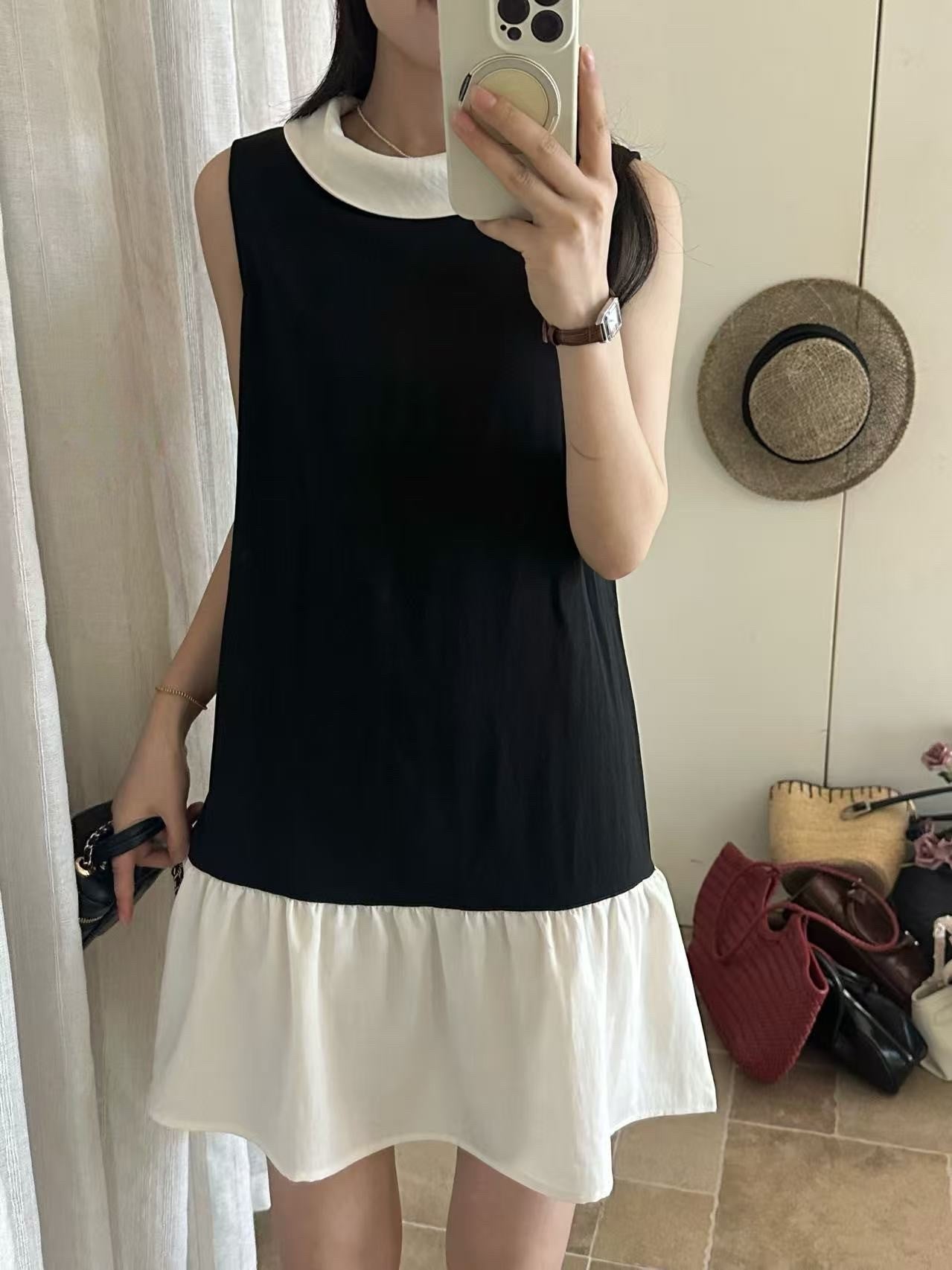 【dress】ノースリーブ襟付き配色ワンピース Q8712
