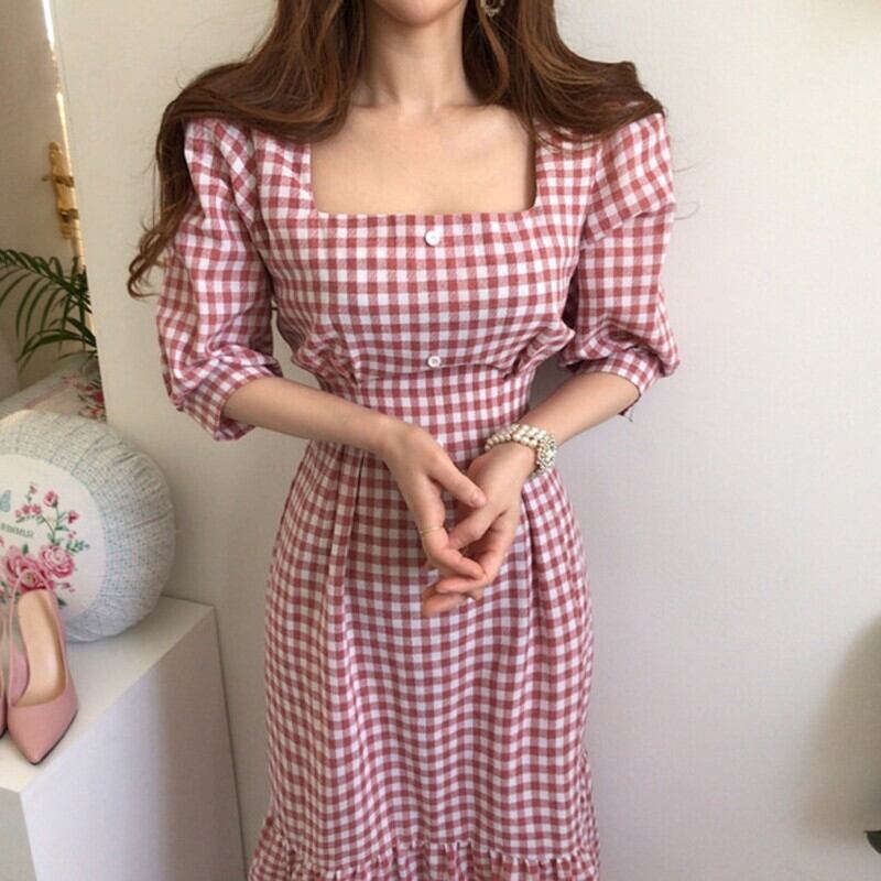 【dress】優しい雰囲気気質満点レトロスクエアネック着痩せ5分袖チェック柄ワンピース G1641