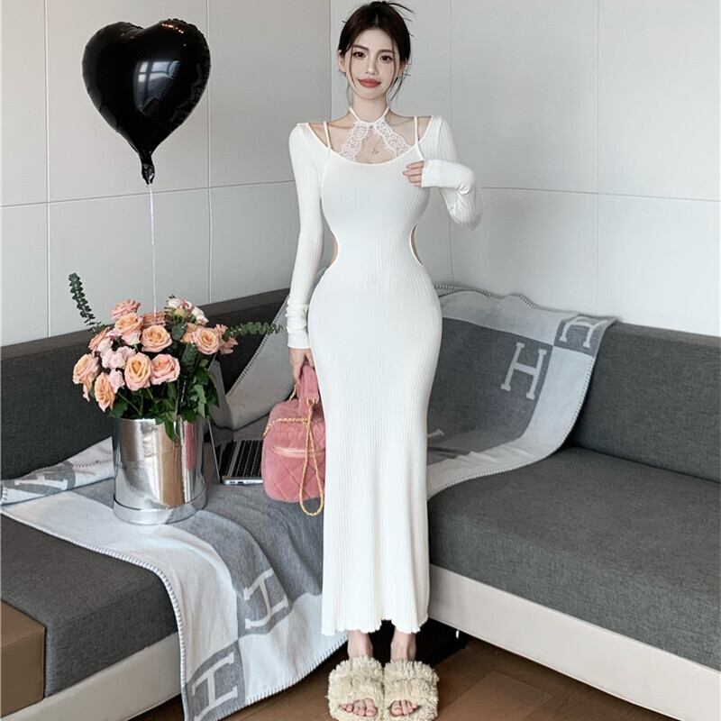 【dress】レースドッキングニットワンピース　M27875
