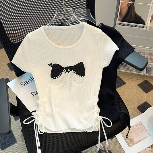 【tops】ビーズリボンニットTシャツG21545