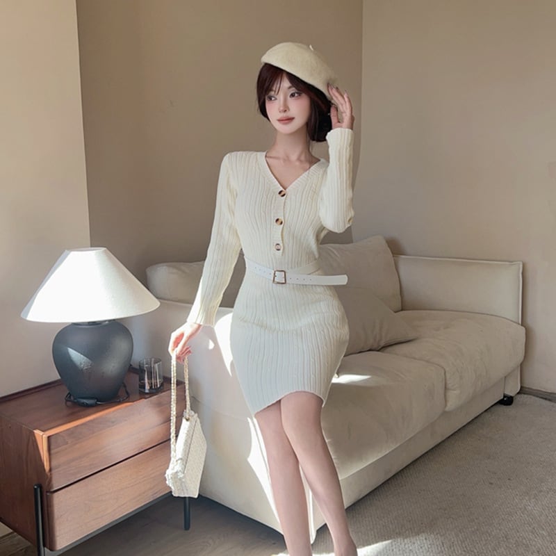 【dress】Vネックニットワンピース　M28378