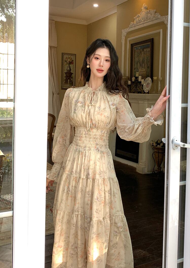 【dress】フラワー柄シフォンAラインロングワンピース Q7978