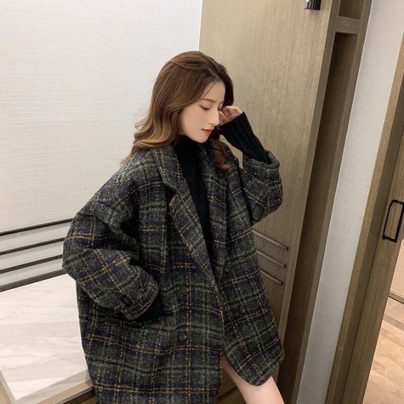 【outer】気質溢れる♪大きいラペル長袖チェック柄ゆったり着回し厚手コートF0844
