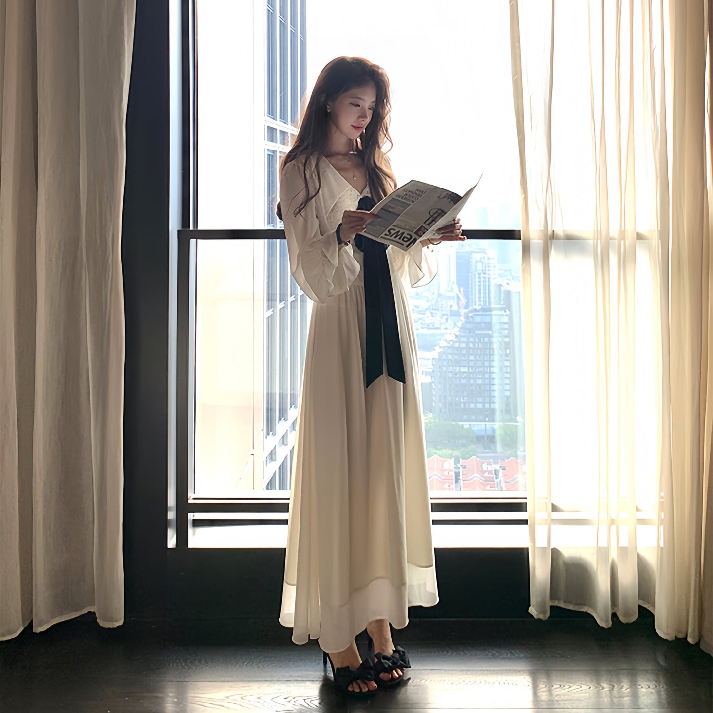 【dress】ビッグリボンレースドッキングロングワンピース　N3316