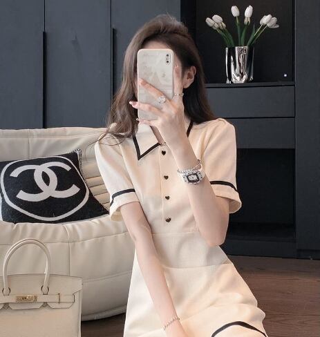 【dress】気質溢れる♪POLOネック半袖韓国ファッション人気配色AラインワンピースF5483