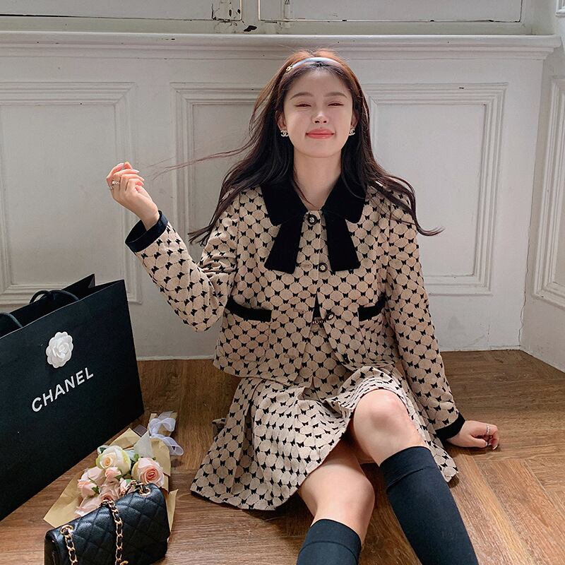 【set】気質満点チェック柄リボンアウター+スカートオシャレ２点セット G3106