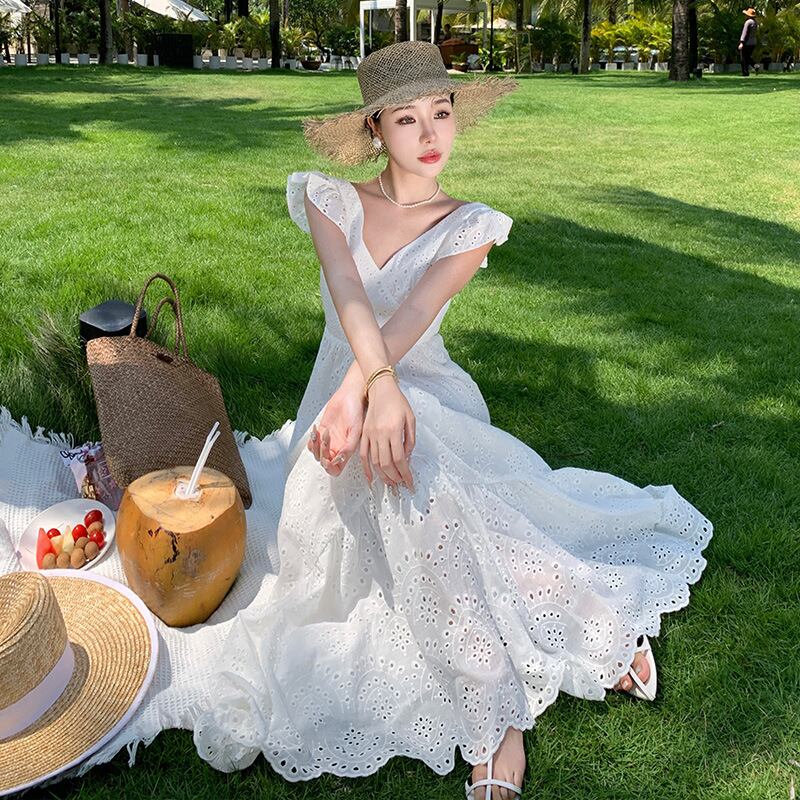 【dress】Vネック透かし彫り海旅行ワンピースF6080