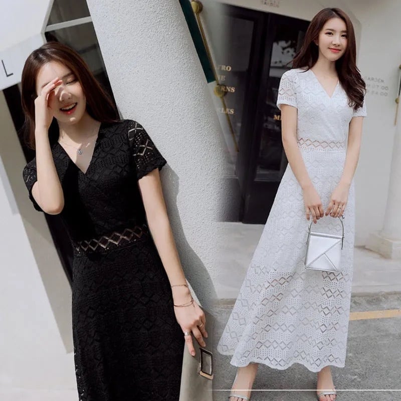 【dress】今季トレンドレース着痩せハイウエストAライン透かし彫り無地ワンピースF0117