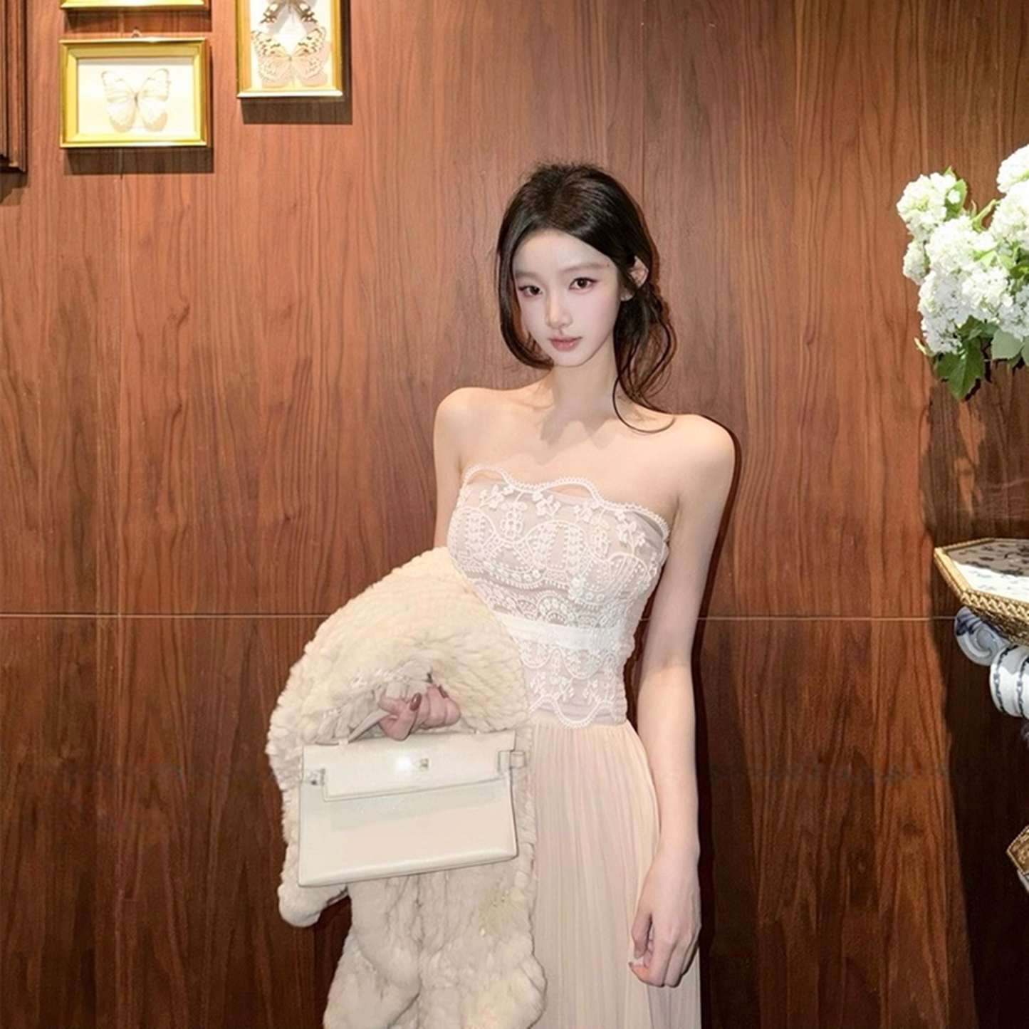 【dress】レースドッキングプリーツロングワンピース N3526