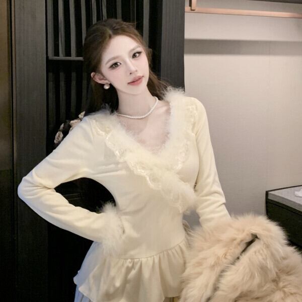 【tops】ファーレースドッキングフリルトップス　M28568