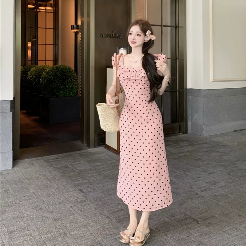 【dress】ギャザーフリルドット柄ロングワンピース Q8509