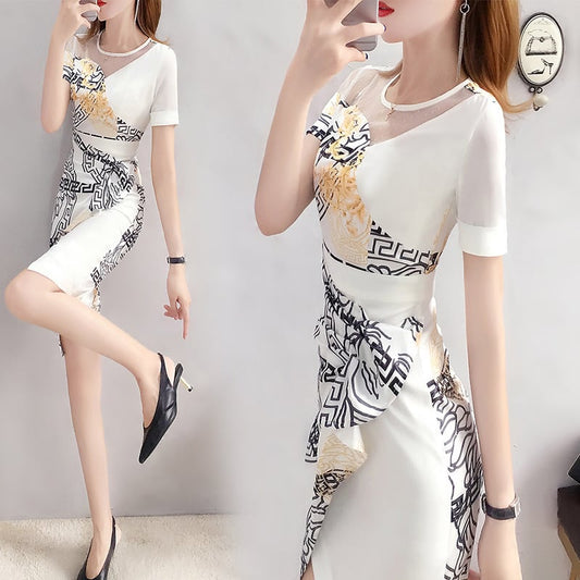 【dress】上品なシルエット!気質満点レトロエレガントプリントタイト着痩せワンピース G6510