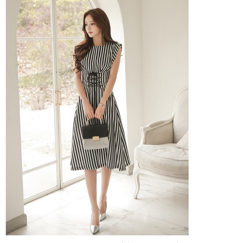 【dress】夏好感度UP!韓国風気質満点レトロラウンドネックストライプ柄ワンピース