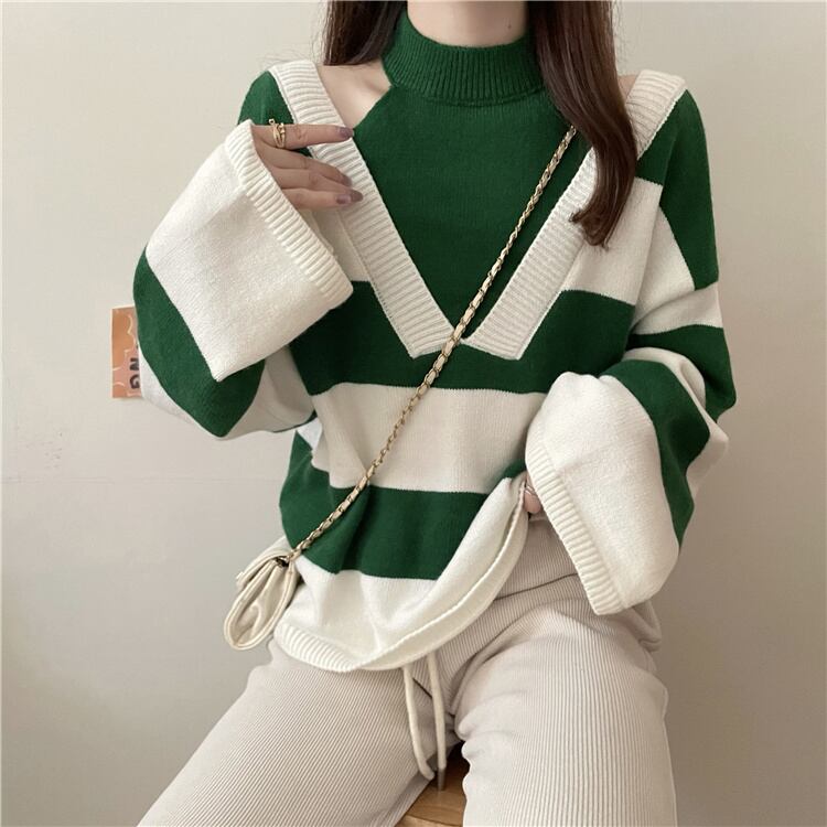 【tops】オフショルダーストライプ柄ニットG17450