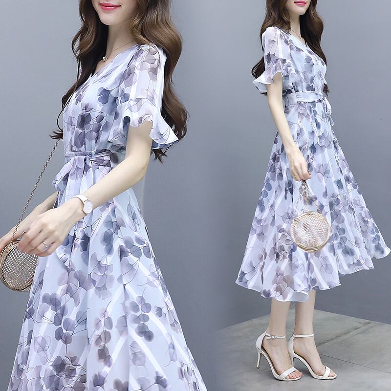 【dress】一目惚れ！Vネックフレアスリーブギャザー花柄ワンピースF0298