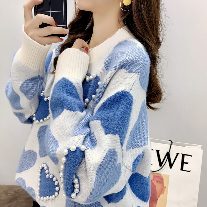 【tops】必ず目を引く2色ラウンドネック長袖ハート柄配色ゆったりビーズ飾りニットセーターF0682