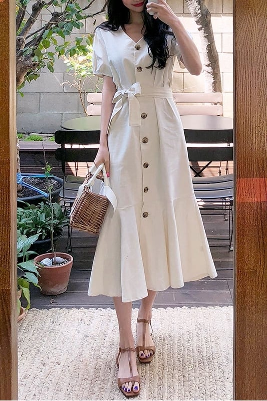 【dress】ファッションand清新！気質満点Vネック無地着痩せワンピース