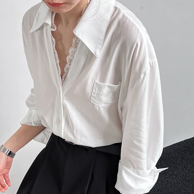 【tops】レース切り替えシャツブラウス　M29946