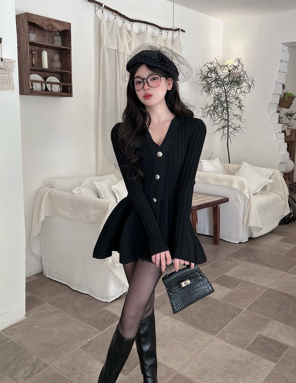 【dress】Vネックフレアニットワンピース Q7459
