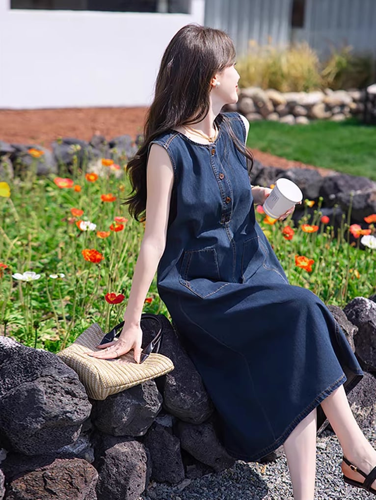 【dress】ポケット付きデニムベストワンピース Q8419
