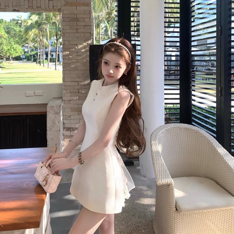 【dress】バックリボンレースドッキングミニワンピース Q8390