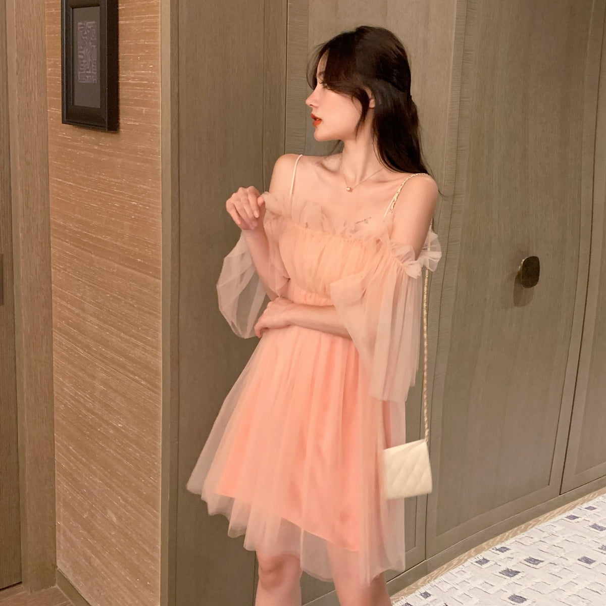 【dress】ギャザーオフショルチュールワンピース　N2666