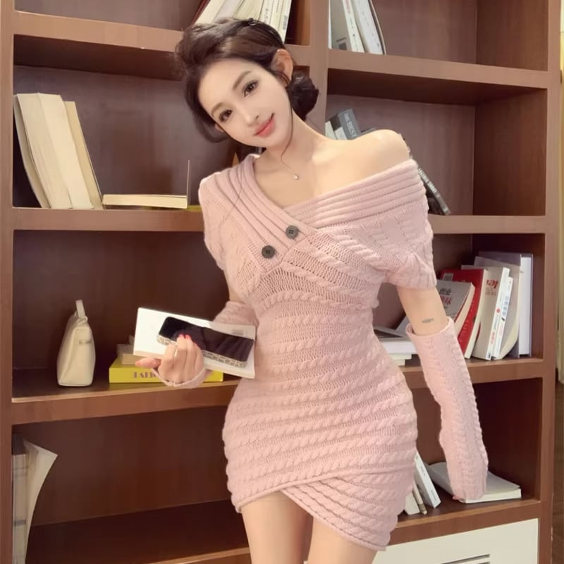【dress】アームウォーマ付きクロスネックニットワンピース Q7850