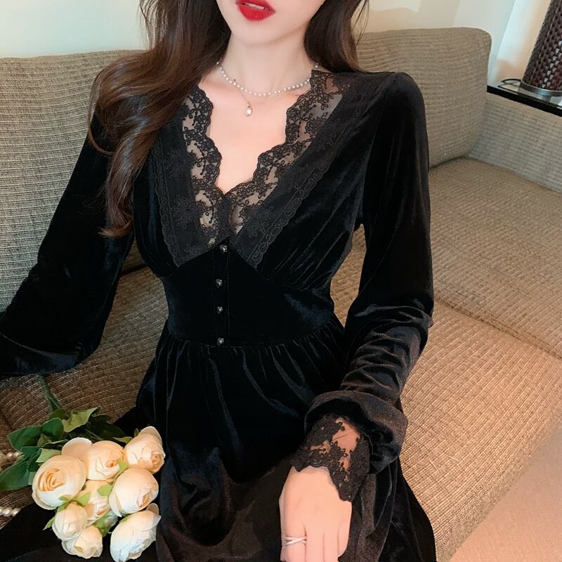 【dress】上品な質感エレガント気質満点オシャレレース切り替え着痩せワンピース G3140