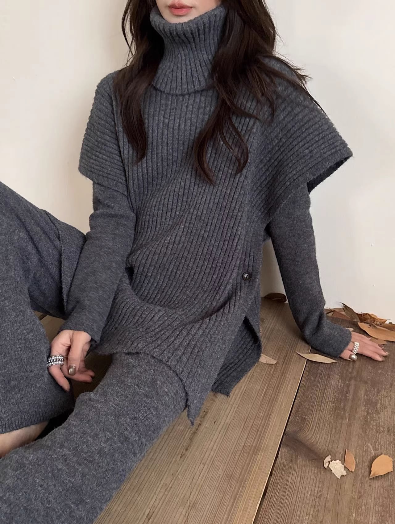 【set】ハイネックケープ×ニットトップス×ワイドパンツ3点セット Q7271