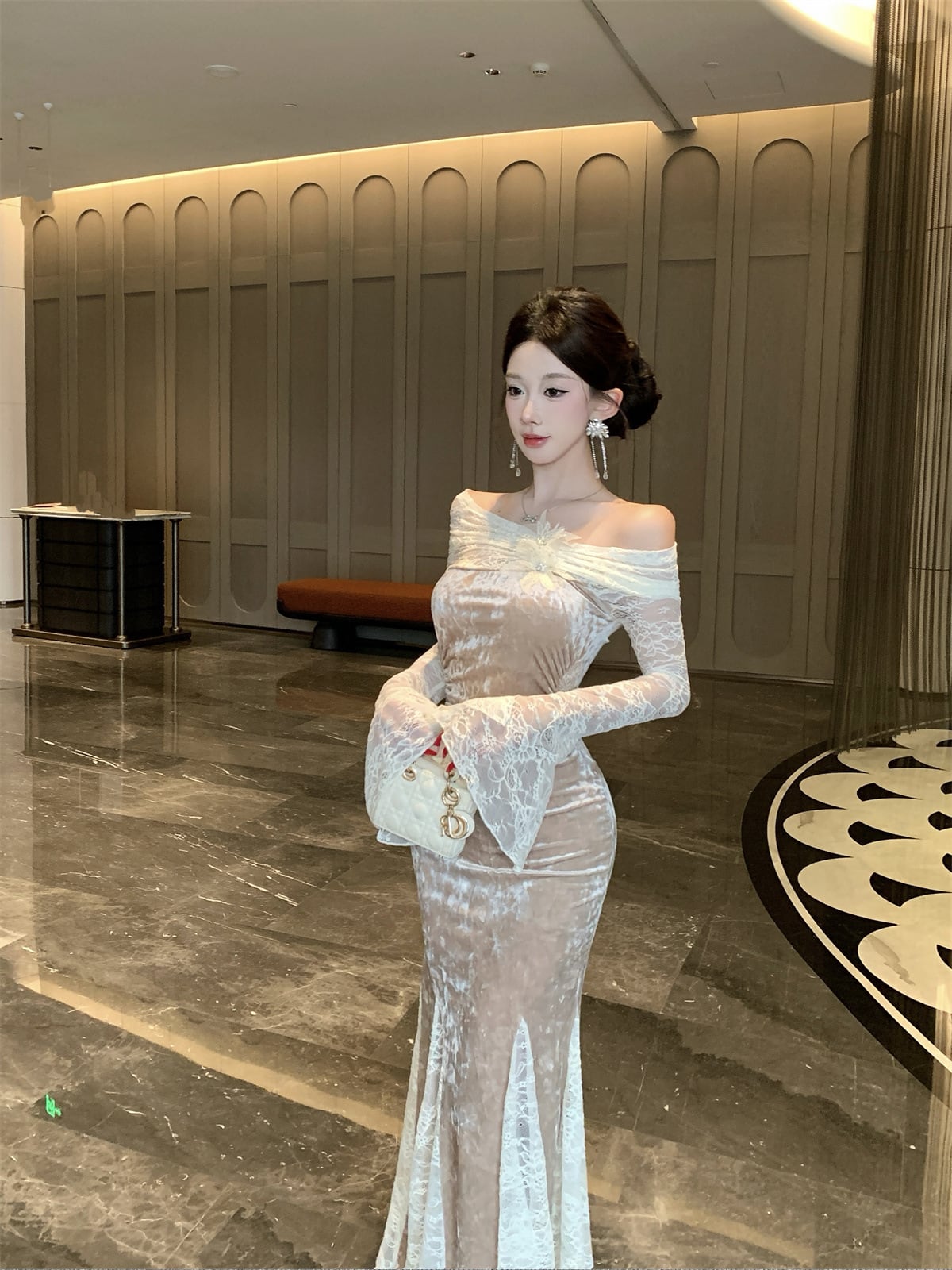 【dress】オフショルダーレースマーメイドワンピース Q7879