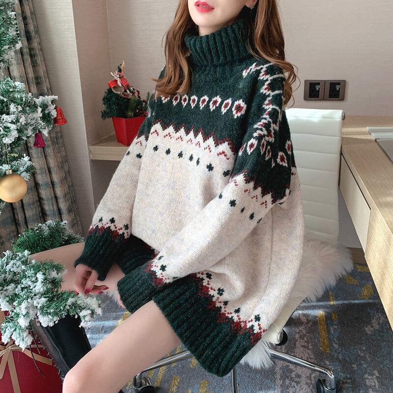 【tops】ハイネック長袖クリスマス着回しニットセーターF1061