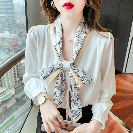 【tops】タイカラー長袖プリント配色ファッションゆったり着回しブラウスF0601