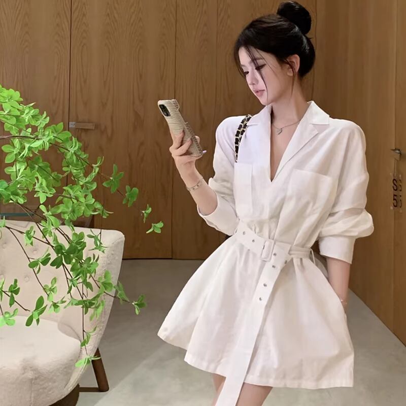 【dress】ベルト付きミニシャツワンピース Q8383