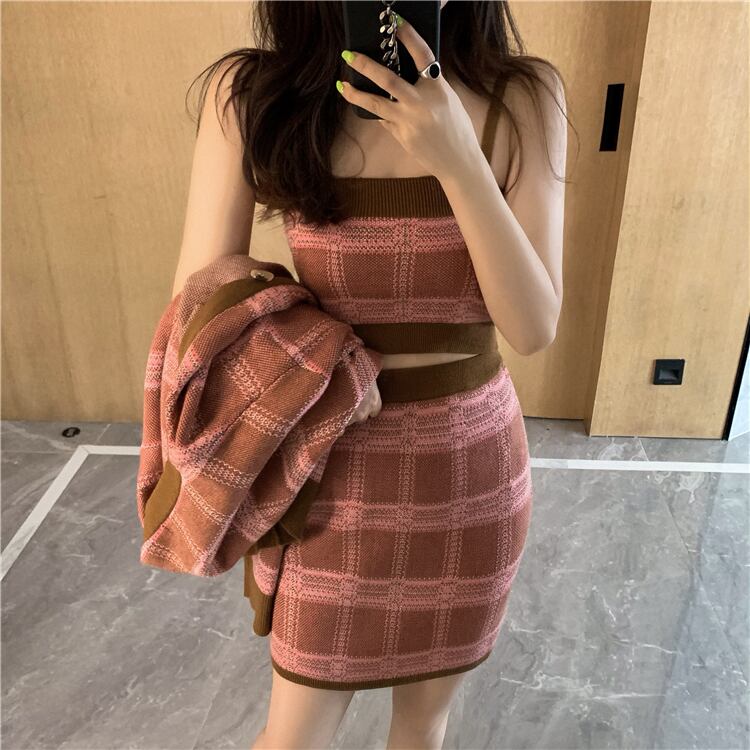 【set】好感度UP!気質満点スウィートカーディガン+キャミソール+スカートオシャレ3点セット G2816