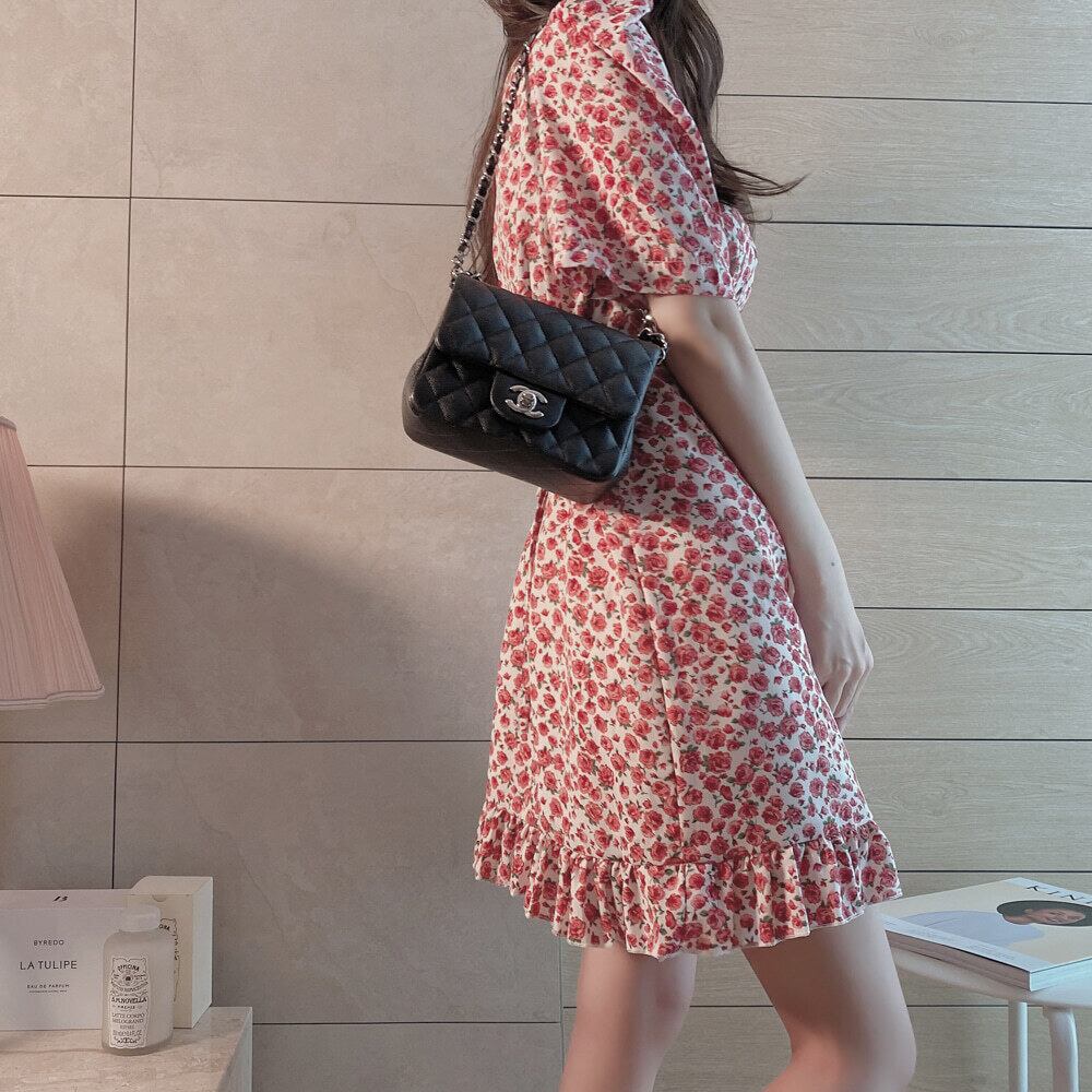 【dress】美人度アップ!気質満点スウィートVネックパフスリーブシフォン花柄ワンピース