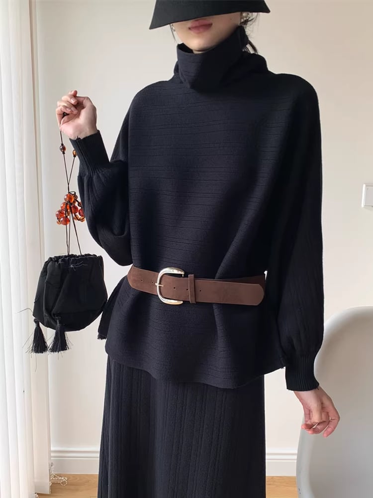 【set】ベルト付きハイネックニットトップス×ロングスカートセット Q7722