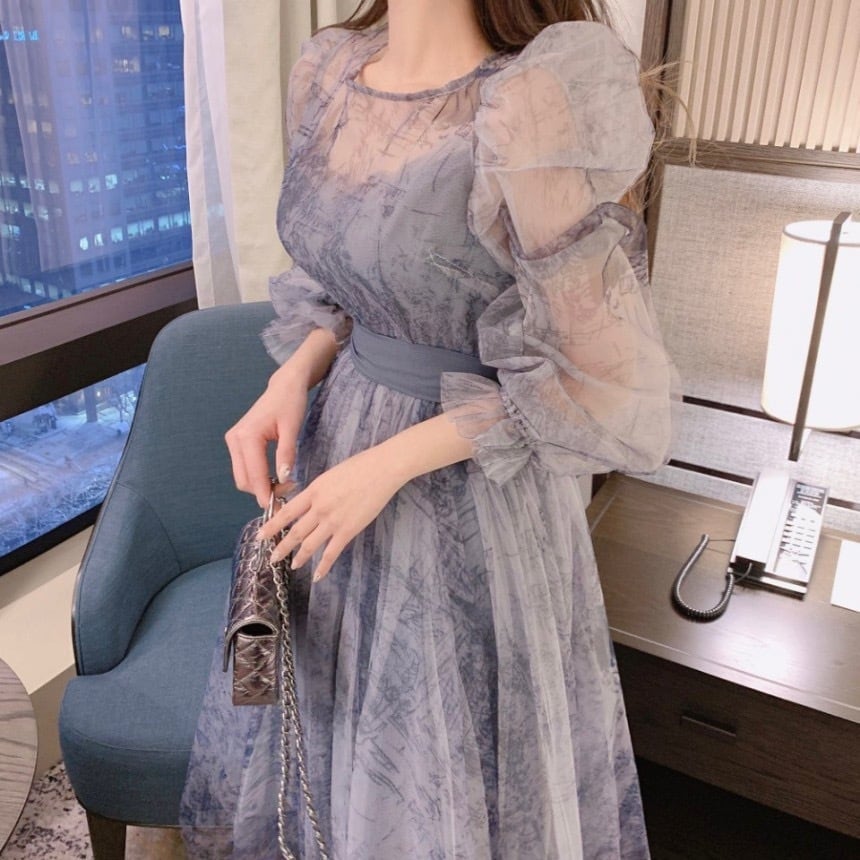 【dress】パフスリーブチュールワンピース　M30144