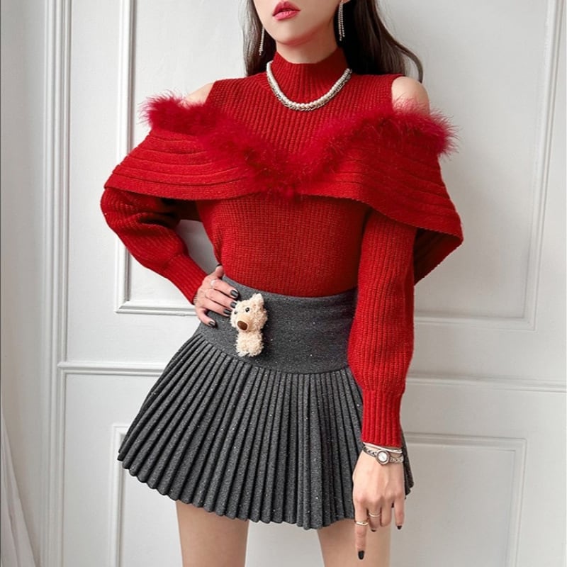【tops】オフショルダーファーニットトップス　M28998
