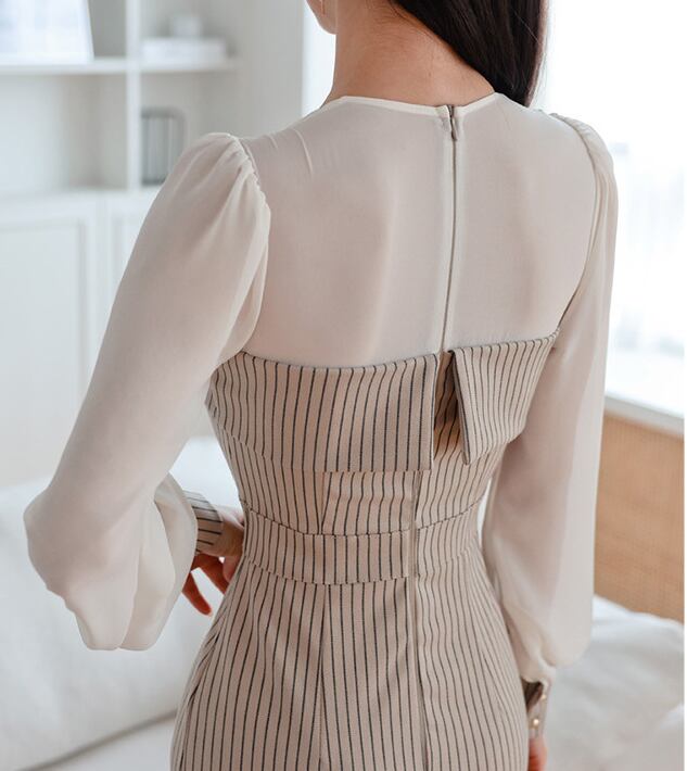 【dress】ファッション!気質満点レトロシフォン切り替え体型カバータイトワンピース G4907