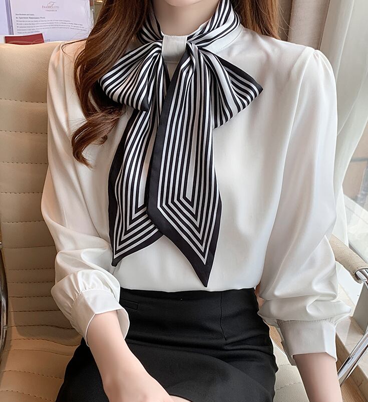 【tops】オシャレ度満点〜2色タイカラー長袖韓国風配色おしゃれ着回しブラウスF1765