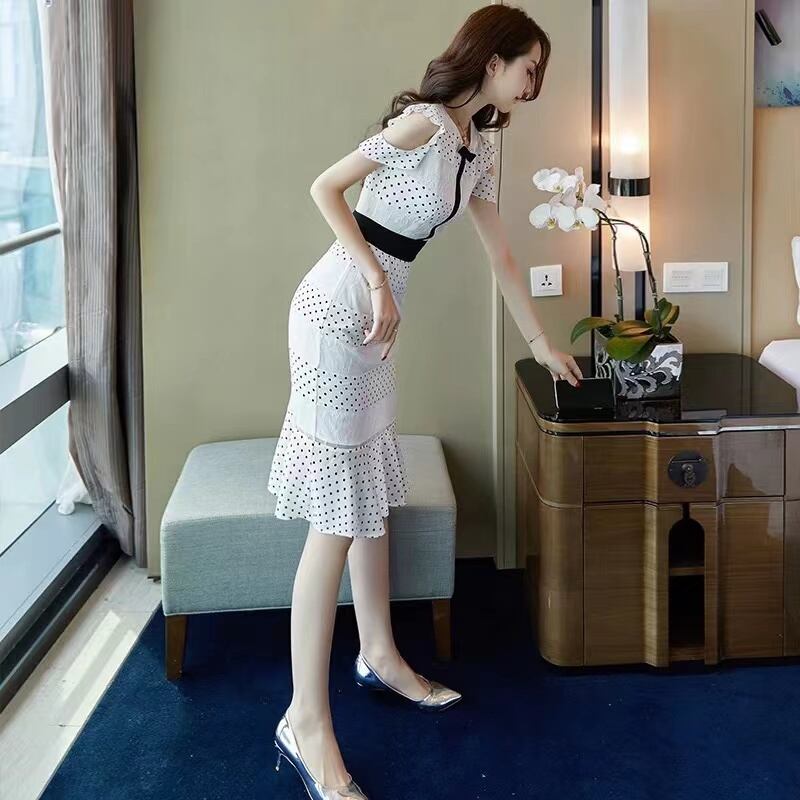 【dress】清新合わせやすいラウンドネック半袖肩開きウェスト絞りドット柄メッシュ切り替えマーメイドワンピースF2629