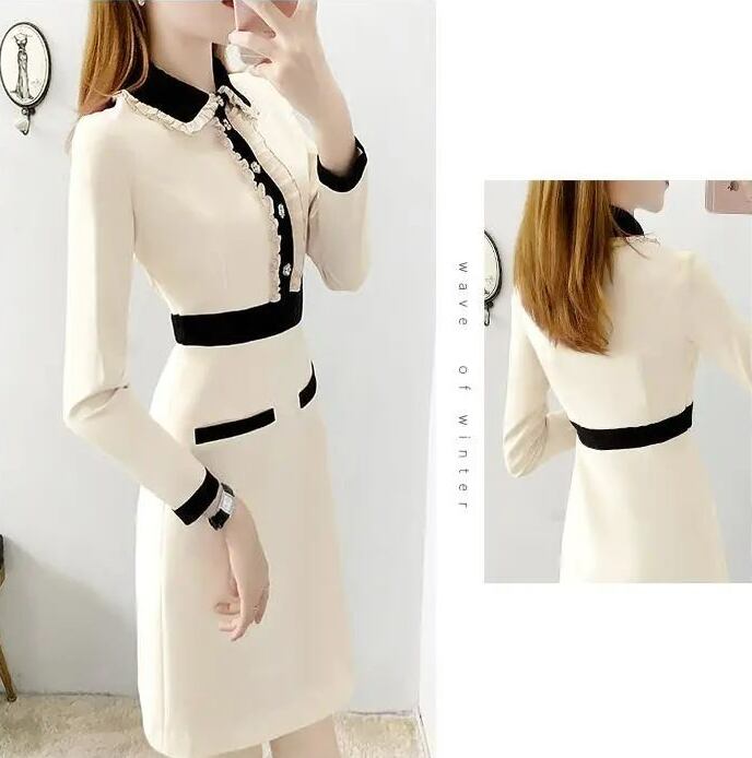 【dress】ポロカラー長袖体型カバーおしゃれ配色AラインワンピースF1339