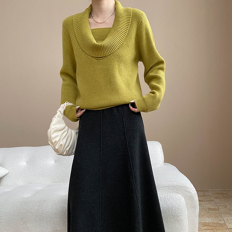 【tops】5色展開ドレープドネックニットトップス Q7379