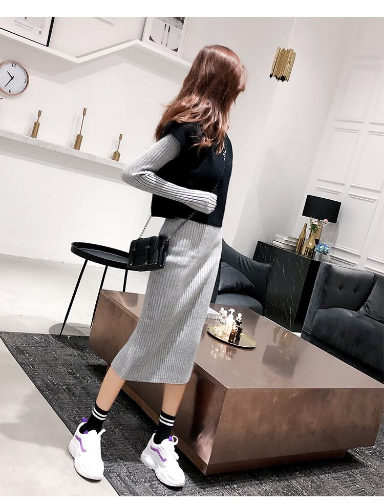 【set】秋冬新作好感度UP!気質満点ファッションベスト+ニットワンピース２点セット G3606