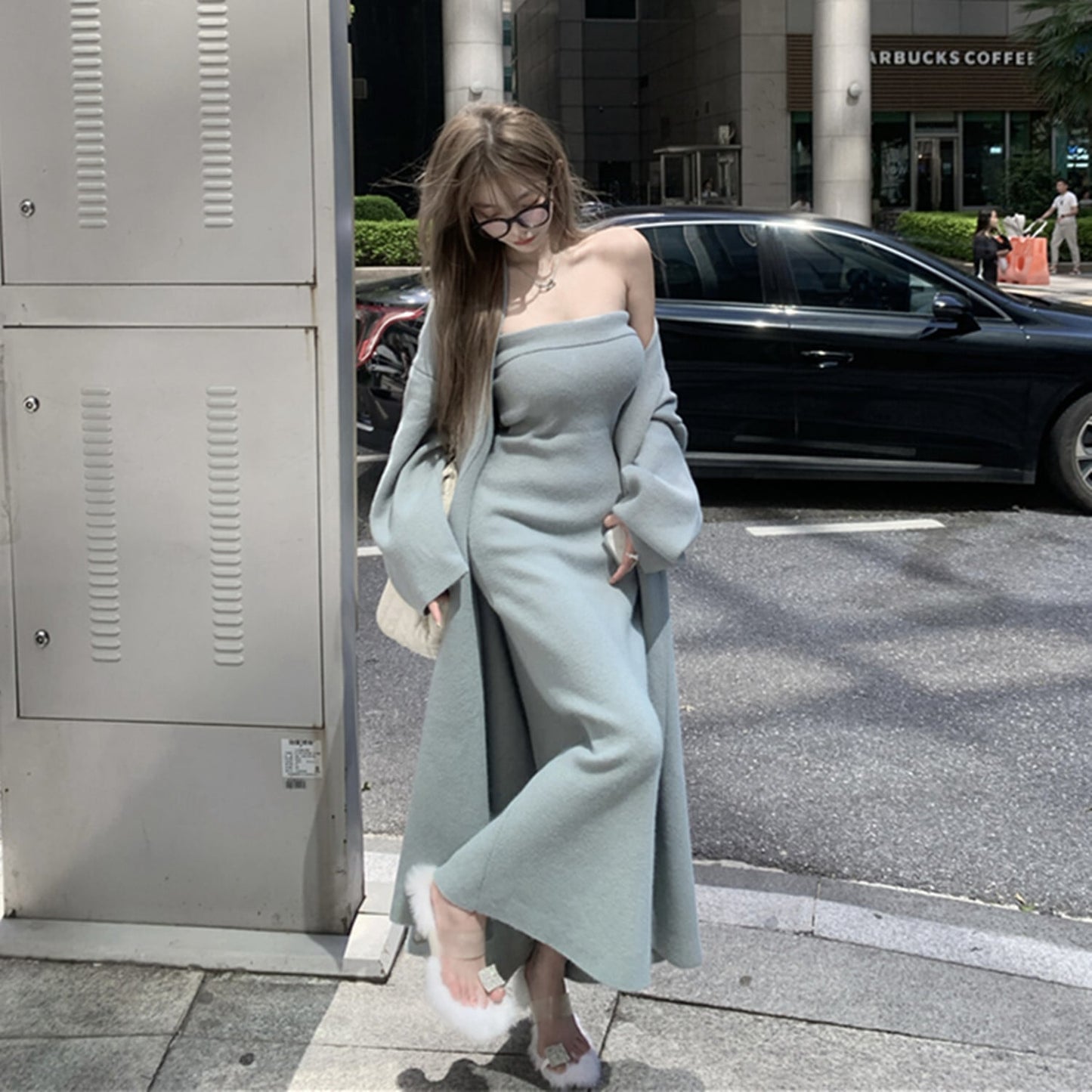 【set】ロング丈カーディガン×ベアトップワンピースセット　N2799