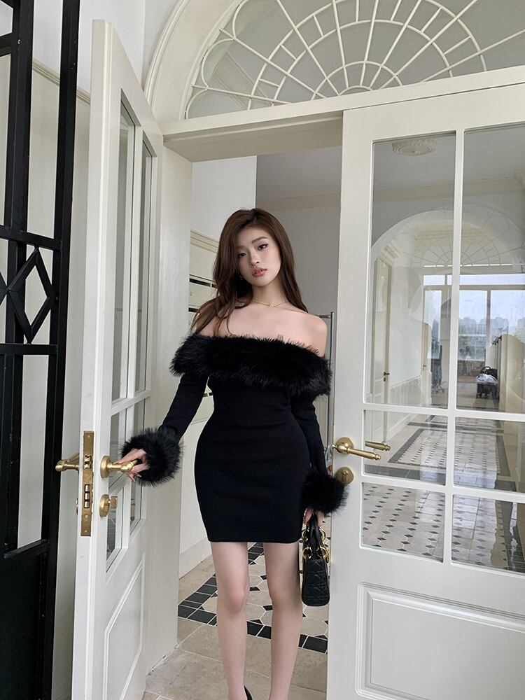 【dress】ファーボートネックワンピース　M27494